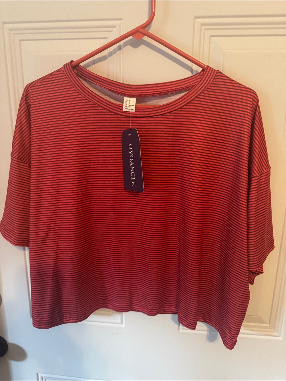Women's Red Striped Short Sleeve Tee - Relaxed Fit